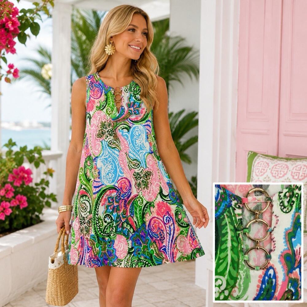 Ivy Road Women’s M Paisley Swing Dress Sleeveless Stretch Knit Colorful Preppy